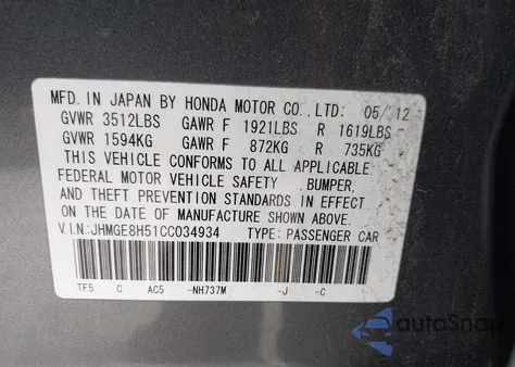 2012 Honda Fit Sport z USA, uszkodzony, nr VIN JHMGE8H51CC034934